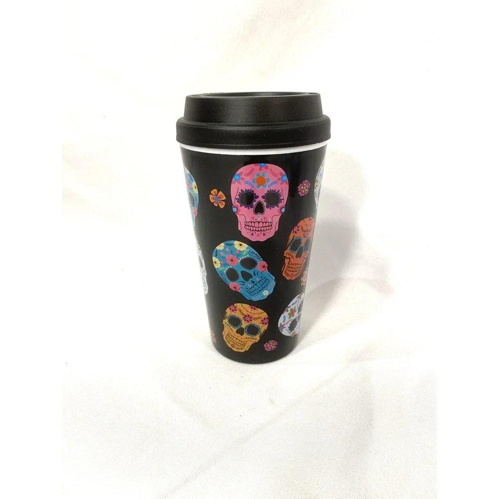 new black sugar skull travel coffee mug with twist on lid 12.4‎ oz
